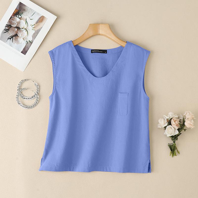 

ZANZEA Женские повседневные летние хлопковые майки без рукавов с V-образным вырезом XL синий