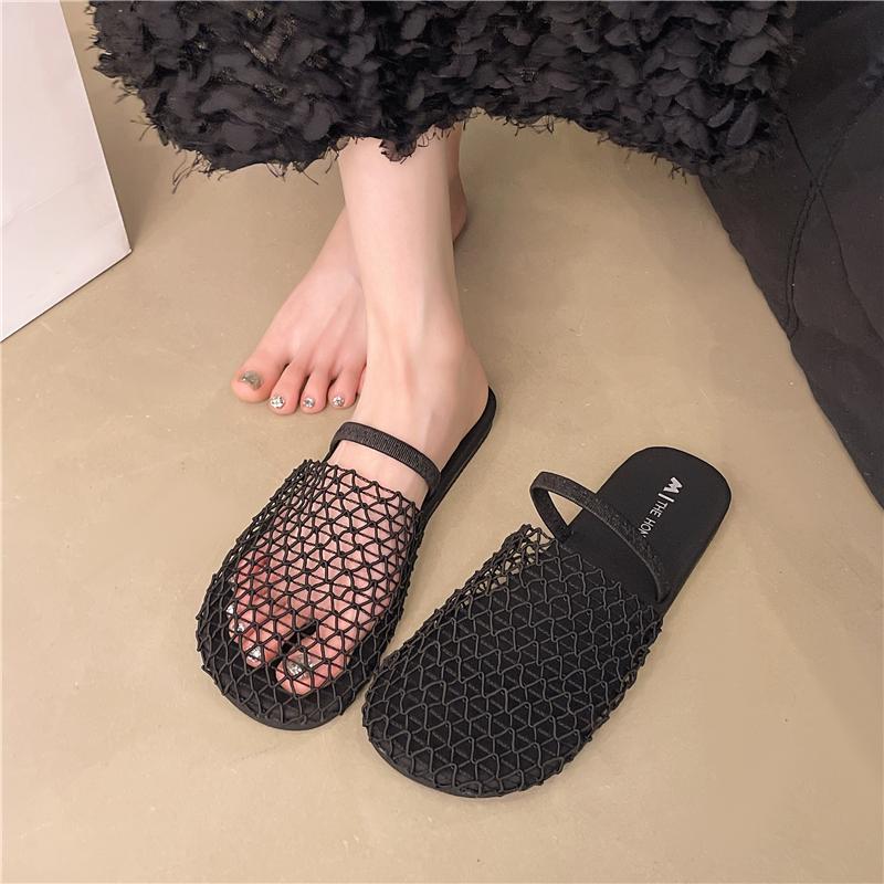 Fashion French Style Mesh Trimming Soft-soled Slippers for Women 2025 Summer New Outdoor Beach Vacation Rome Semi-slippers Sandals