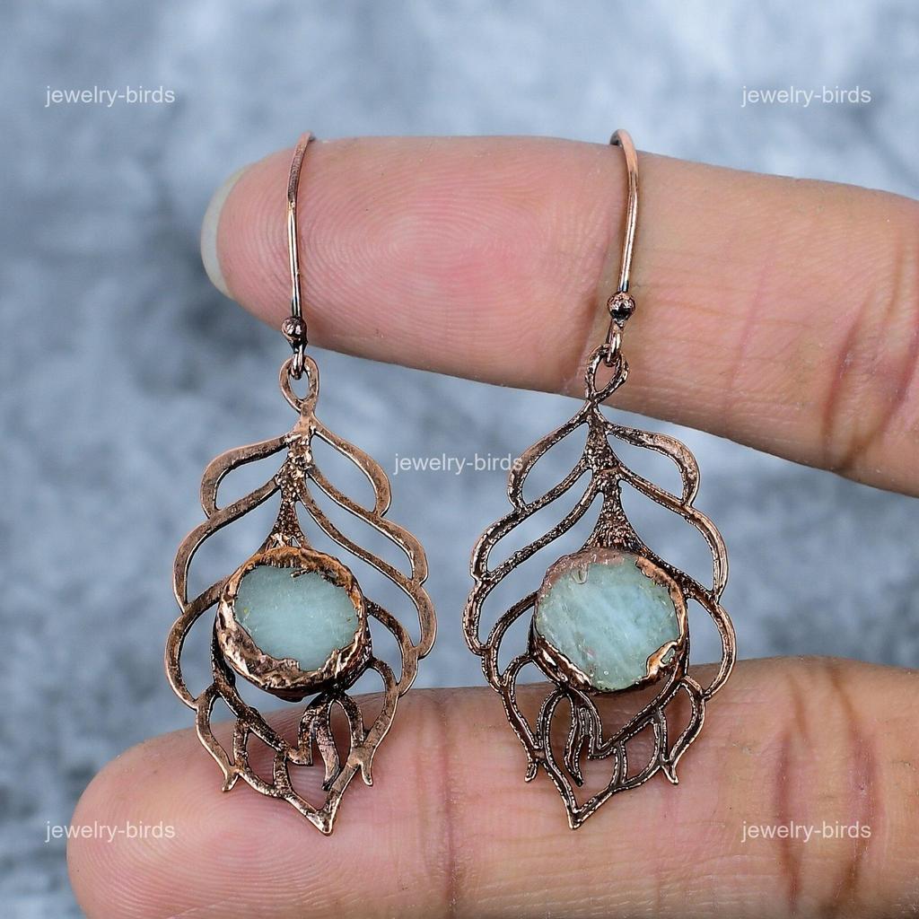 Crown Chakra Moonstone Gemstone Copper Electroformed Dangling Wedding Earrings VP-90
