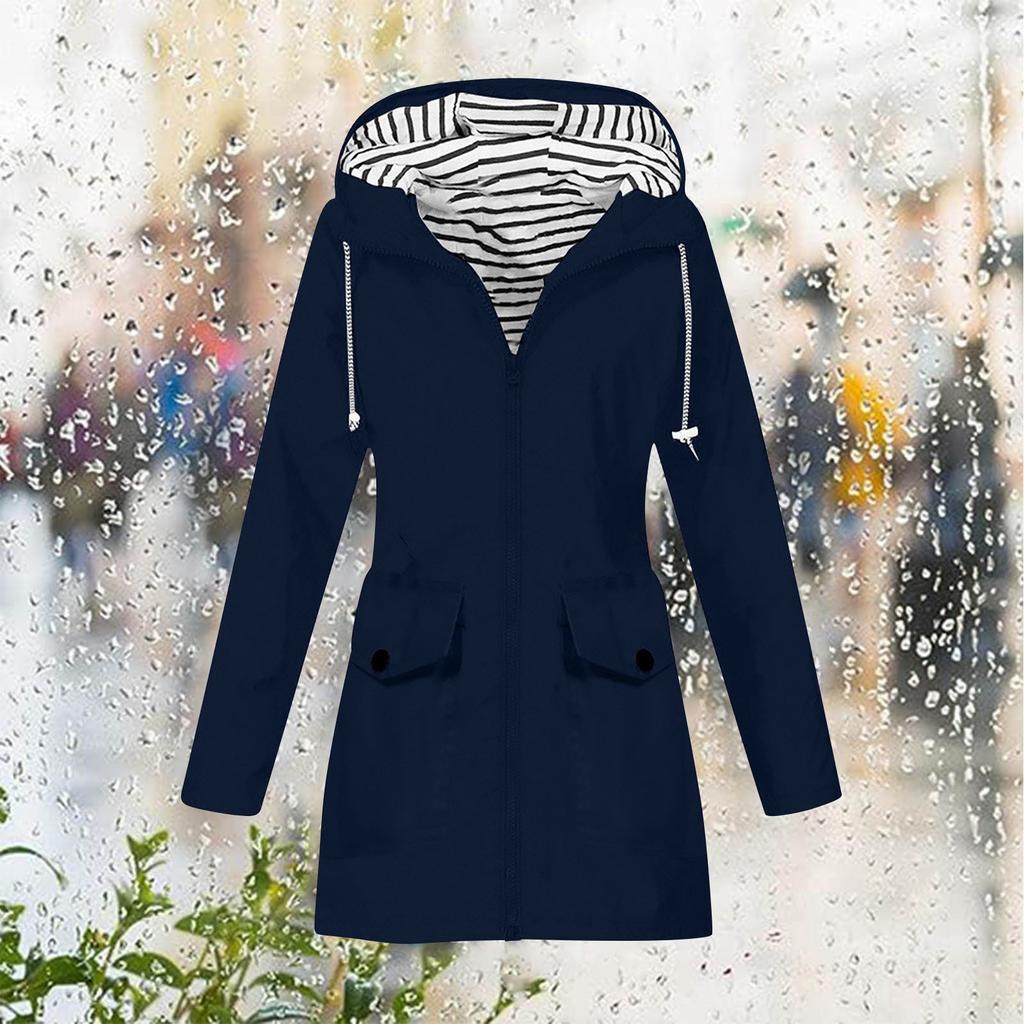 Women Solid Stripe Rain Jacket Outdoor Plus Waterproof Hooded Raincoat Windproof