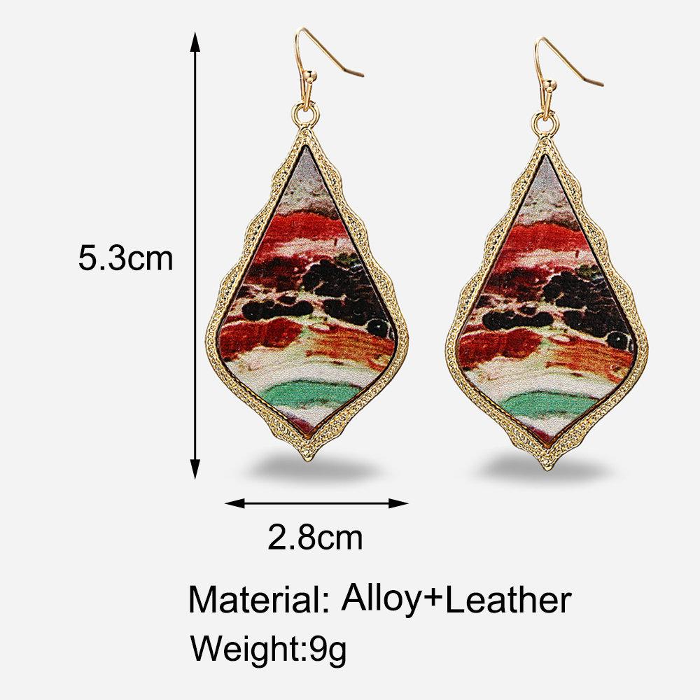 Women Retro Bohemian Folk Style Water Drop Shape Painting Artificial Leather Earrings
