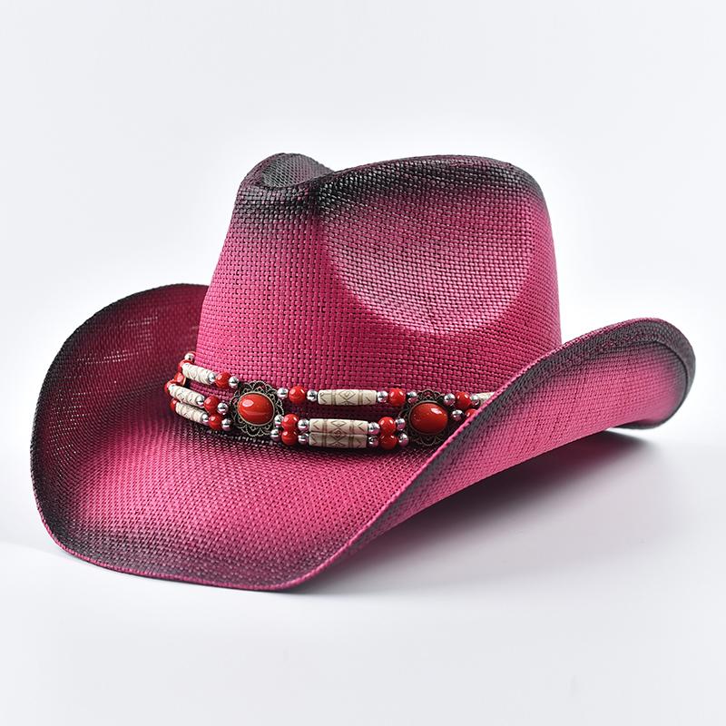 

New Western Style Straw Sun Hats for Women Vintage Curled Edge Cowgirl Jazz Hat Summer Beach Hat One Size Яскраво-рожевий