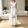 Women U Neck Maxi Sundress,Lilac Flower Print Dress,Sleeveless Flowy Long Dress,Coastal Casual Summer Apparel