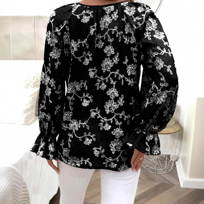 Women's Jacquard Sweater Temperament Hollow Embroidery Print Casual Long-sleeved V-neck Versatile Pullover