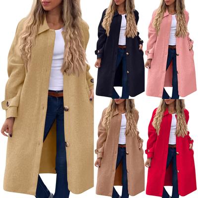 Women's Casual Fashion Solid Color Coat Lapel Long Sleeved Suit Collar Button Down Woolen Jacket