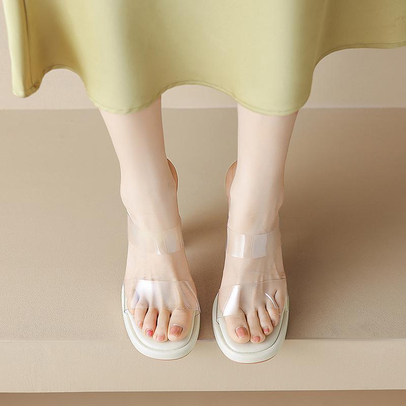 

Crystal heel one-word slippers female summer outer wear fairy transparent high heels thick heel niche high-end cool slippers 35