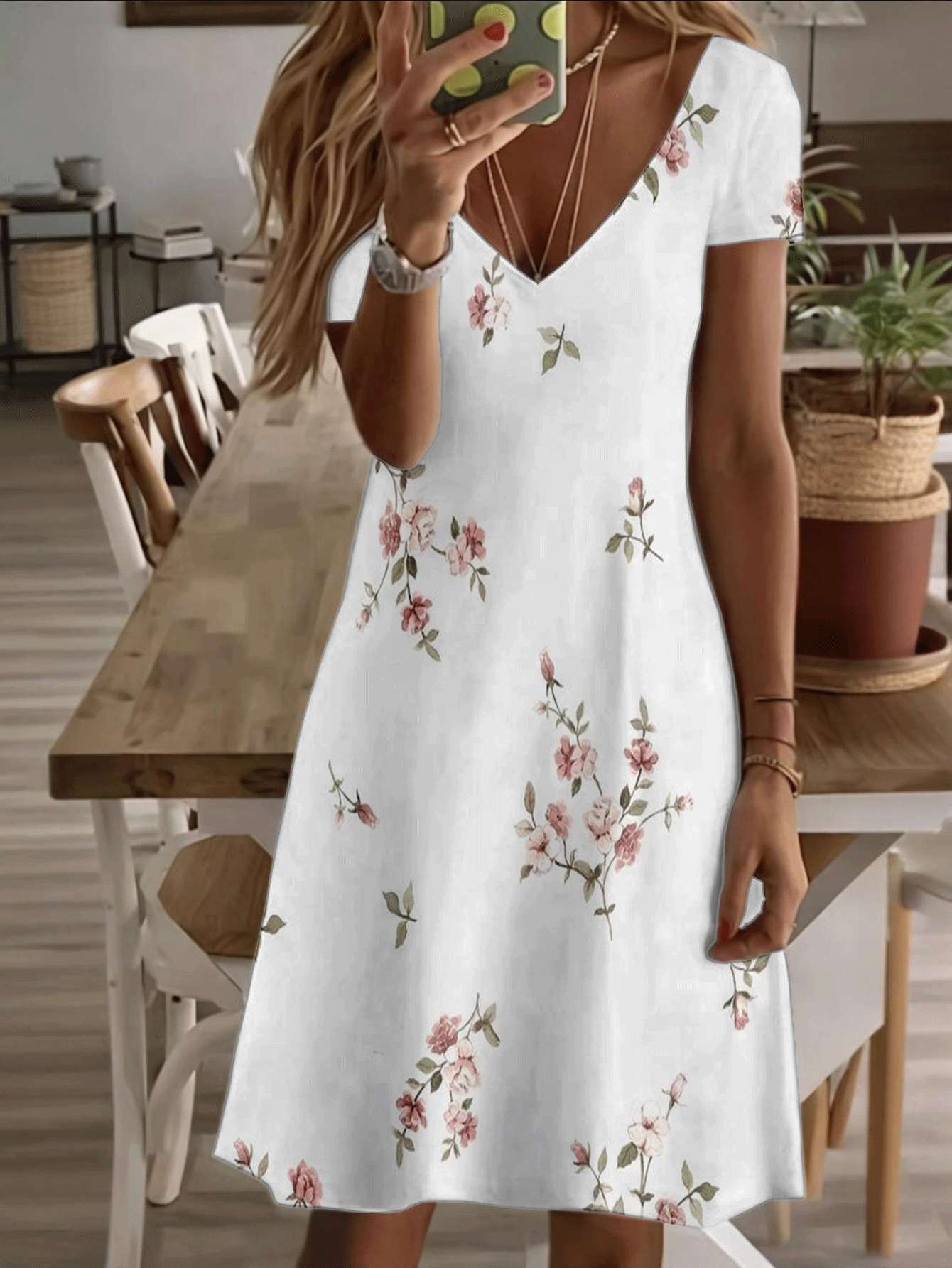 

Vneck shortsleeve midi dress floral summer women dress rose blossom print pattern 3D premium print durable casual fashion elegant breathable soft fabr XL дубильна кора