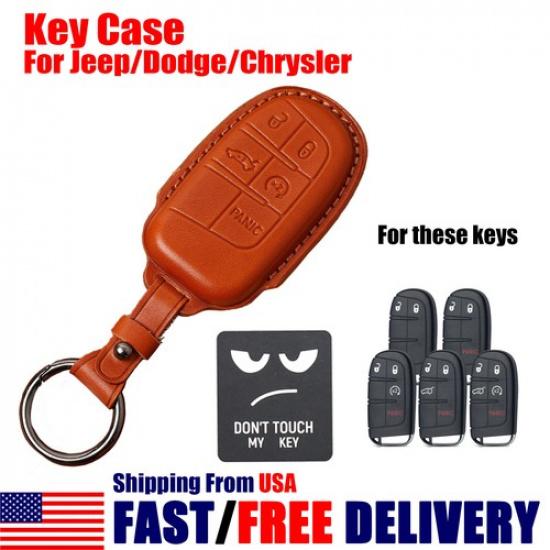Genuine Leather Smart Remote Fob Cover Holder Key Case Car For Dodge Jeep Fiat.