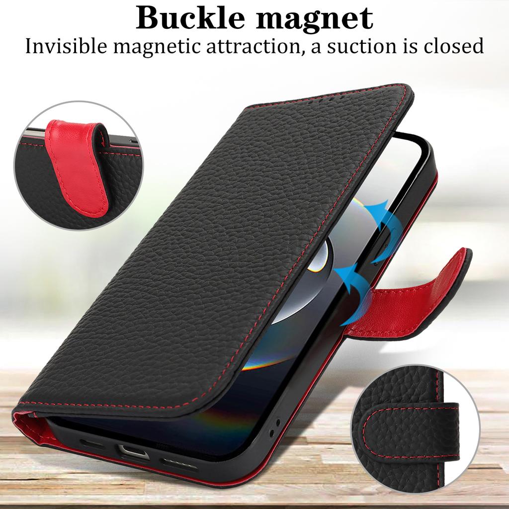 For iPhone 16e Stand Case Litchi Texture Genuine Cow Leather Wallet Phone Cover RFID Blocking