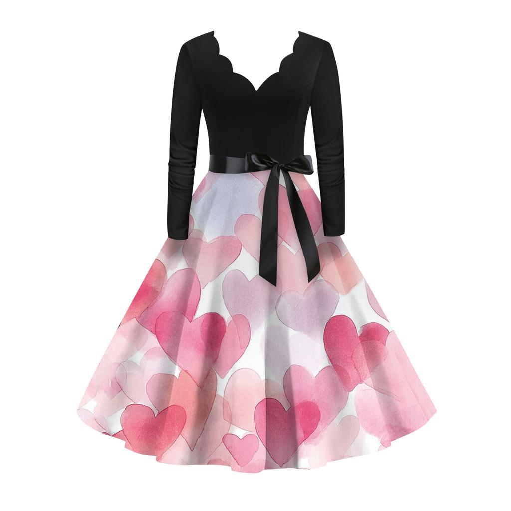 Damska stylowa i elegancka sukienka z długim rękawem, dekoltem w serek w kształcie serca na Walentynki