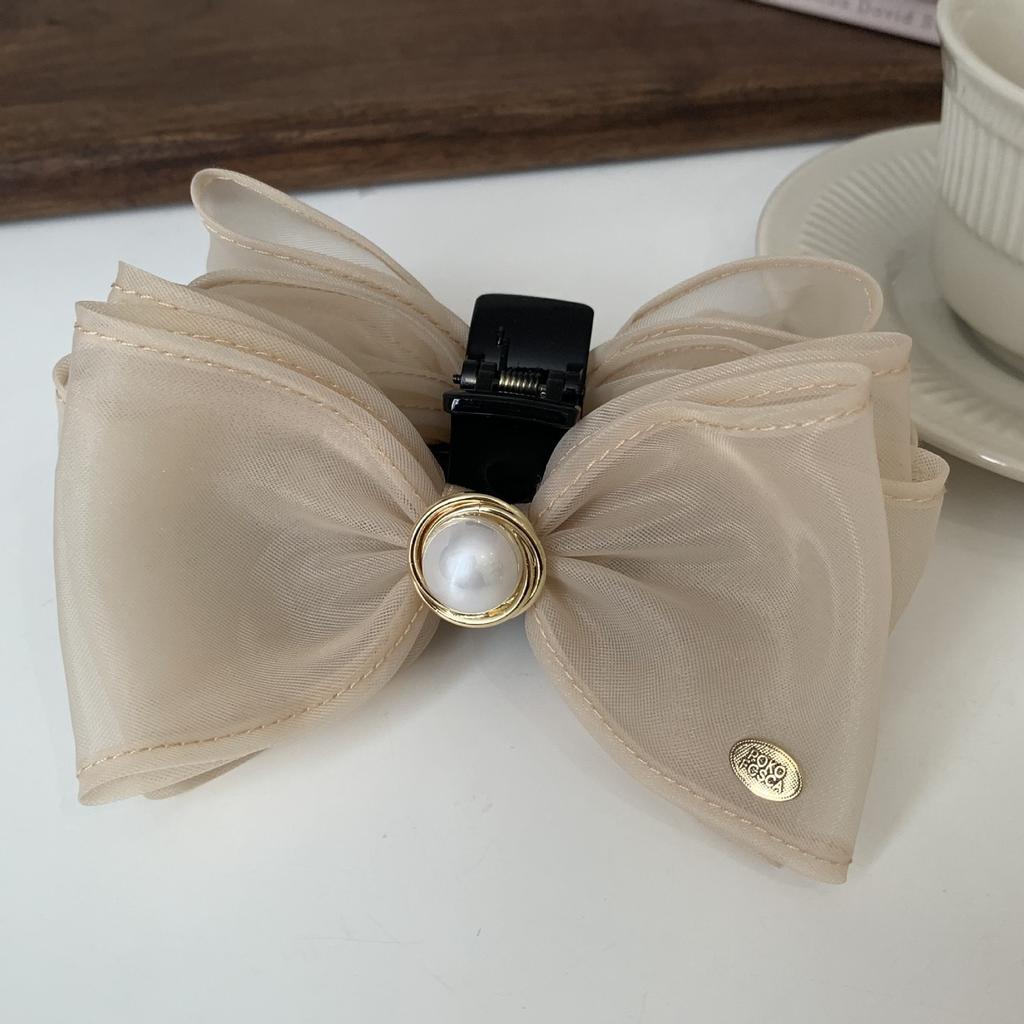 Korean Version of Pearl Mesh Bow Hairpin Simple Light Luxury Large Grab Clip Small Fragrance Versatile Shark Clip Hair Accessories