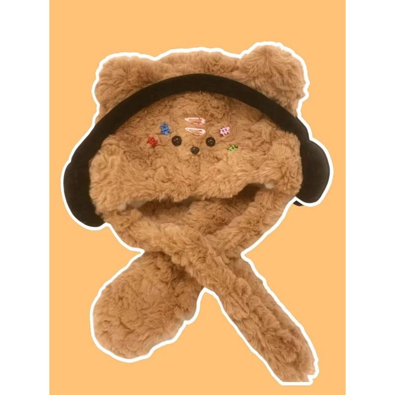 

Зимняя шапка плюшевая утолщенная милая наушники шапка с медведем шарф интегрированный плюшевая защита ушей шапка-пуловер one size fits all хаки