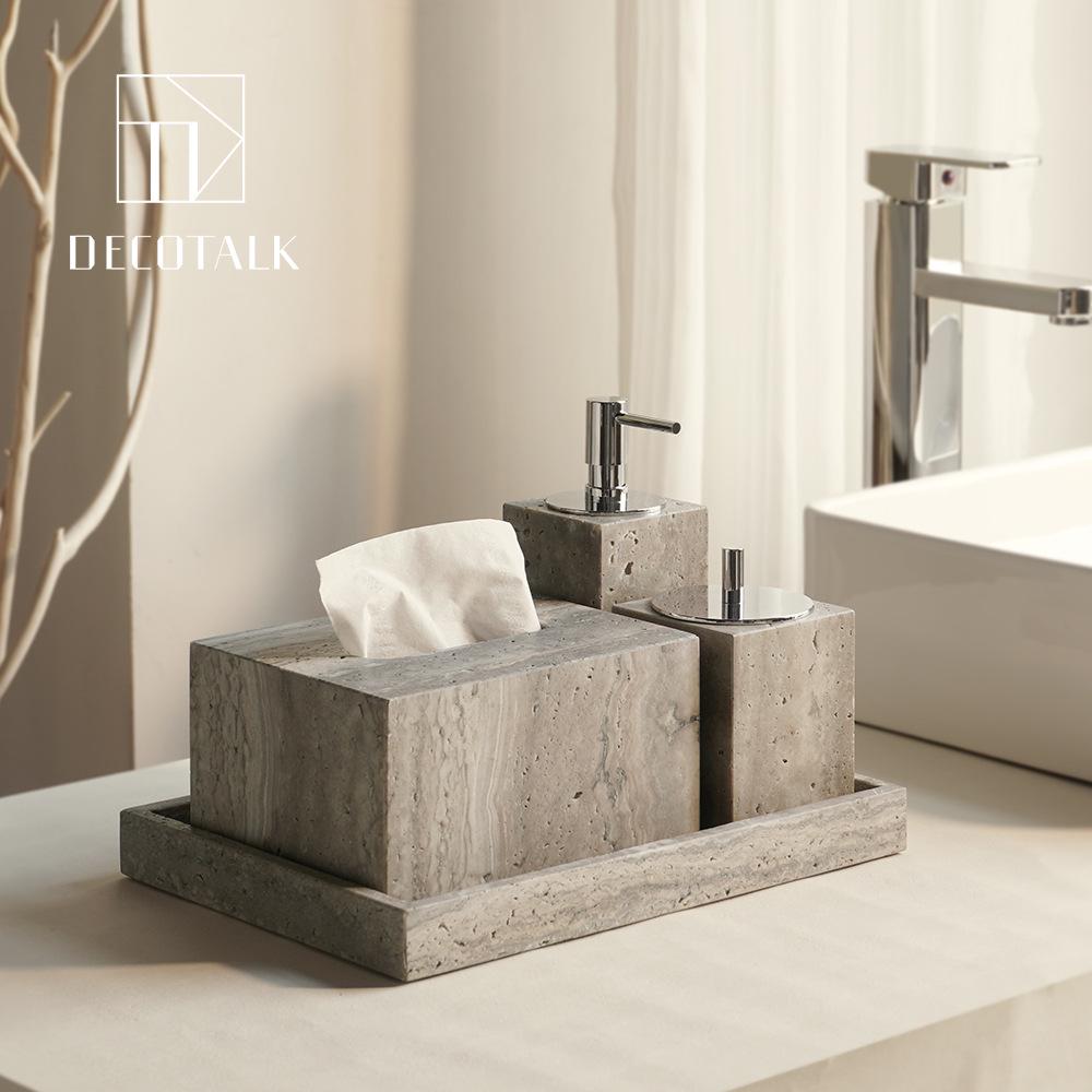 Set da Bagno Travertino Grigio Argento Wabi-Sabi: Vassoio e Decorazione per Lavabo.