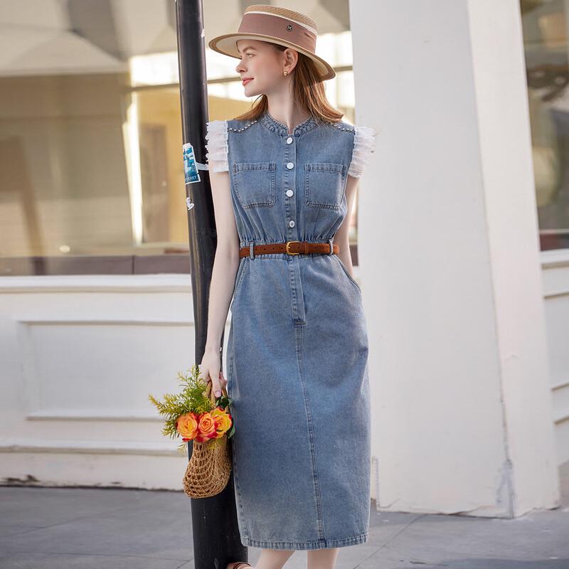 Women s Ruffle Stand Collar Sleeveless Denim Maxi Dress M