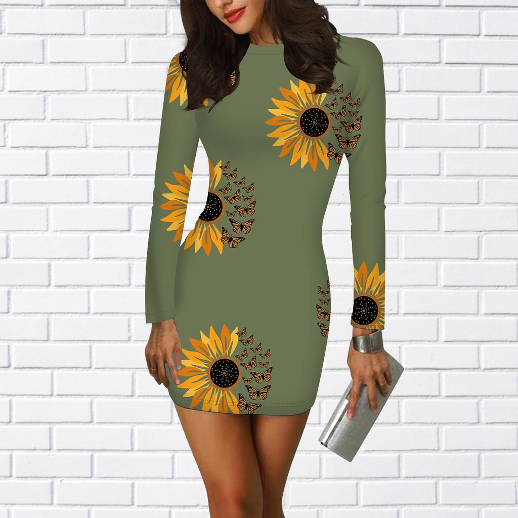 Long Sleeve Bodycon 3D Flame Sunflower Print Dress Women Mini Dresses Autumn Skinny Stretchy Party Vestidos