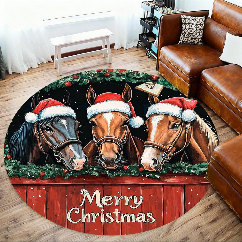 1PC Horses Merry Christmas Office Round Area Rug, Under Office Chairs Bedroom Living Room Home Decor, Carpet for Office -1110049