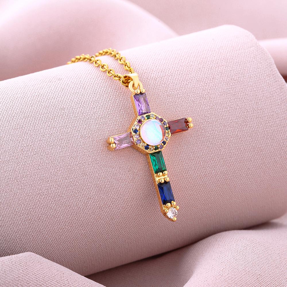 Fashion mixed color zircon cross pendant necklace WOMEN'S simple trendy unique ornament