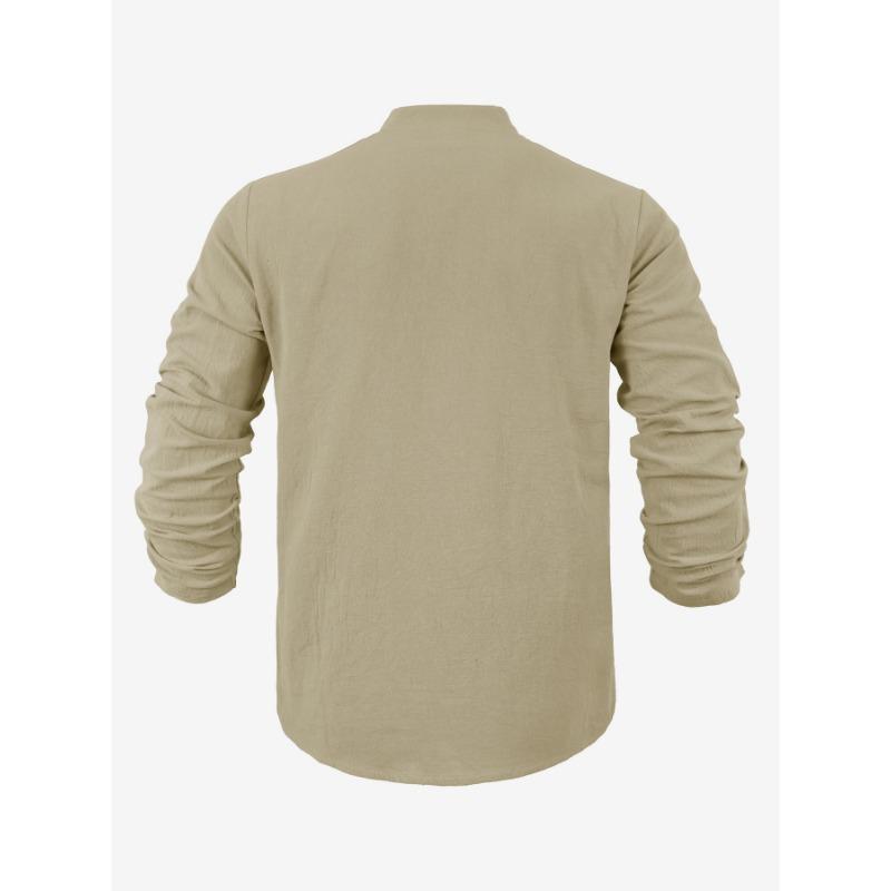 Men S Linen Blend Solid Color Long Sleeve Stand Collar Casual Shirt