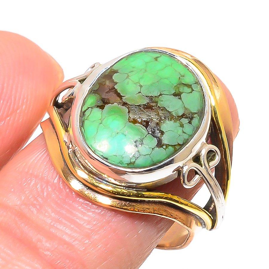 Natural Tibetan Turquoise Two Tone 925 Sterling Silver Jewelry Ring S.8.5 L7L11