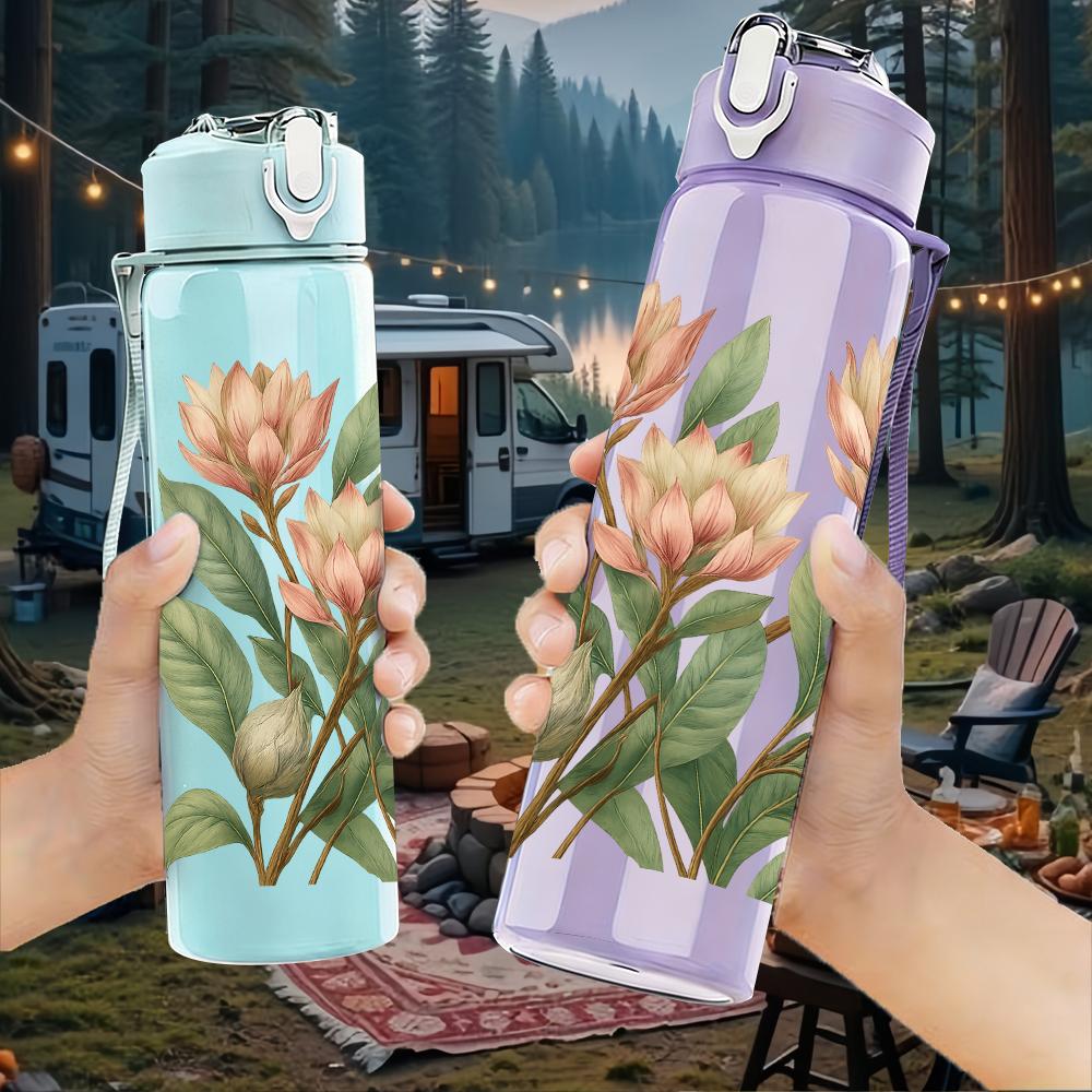 1PC Pink Protea Flower Bouquet 750ml Color Plastic Sports Water Bottle Leakproof Flip Straw Lid For Sports Office Home Use