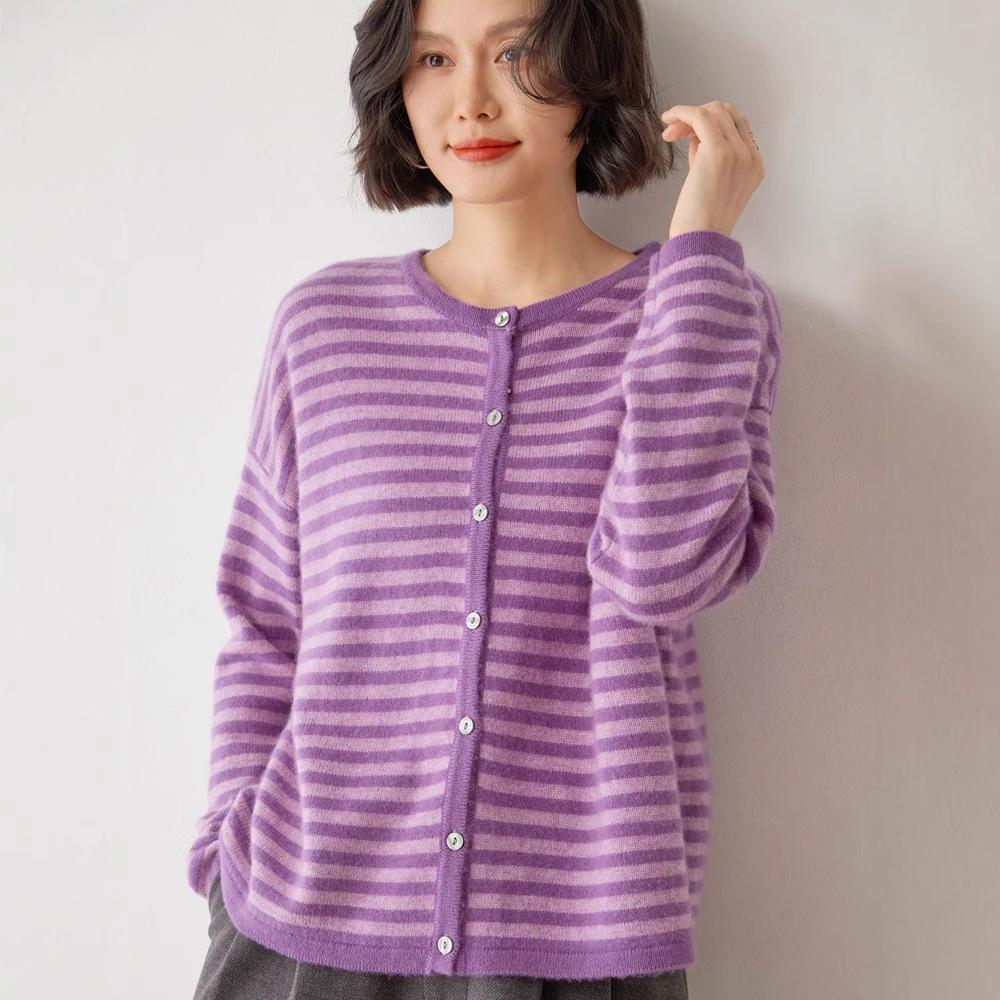 Korean Style Striped Cashmere Women's Knit Cardigan - Warm, Soft, and Skin-Friendly Outerwear Sweater.