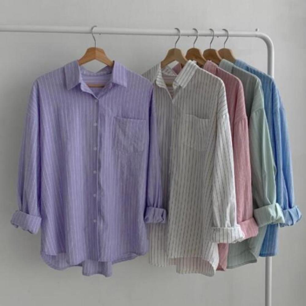 New ArrivaLs Open Run Long SLeeve Spring Shirt Stripe CoLLar Neck Women PasteL L