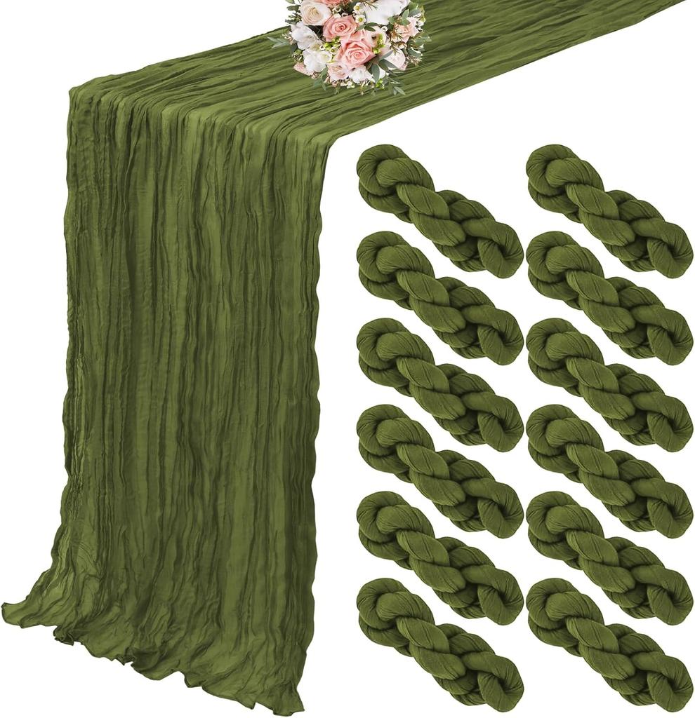 12Pcs Semi-Sheer Gauze Sage Green Table Runners Vintage Rustic Wedding Birthday Wedding Decoration Banquets Arches Boho Decor