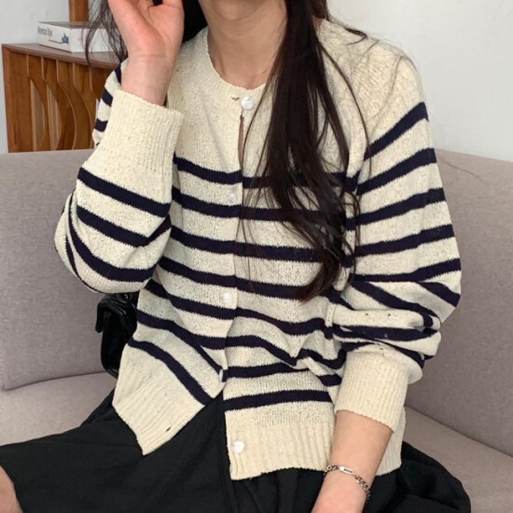 Shop Women Round Neck Striped Cardigan Beige 21ds Wcd 4378