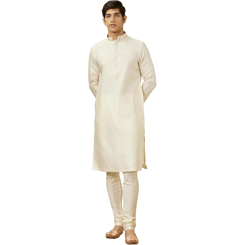 Manyavar Kurta Set for Men, Full Sleeves Mandarin Collar Ethnic Kurta Set for Engagement, Wedding, Party Solid (Off Whit