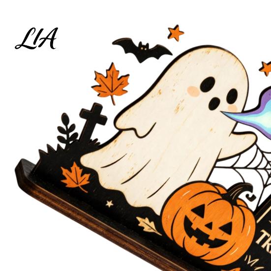 Festive Entryway Countertop Accents Halloween Ghost Ornaments with Pumpkin Tombstone and Bat Elements, Wooden Gift for Home Decor Tabletop Decorations