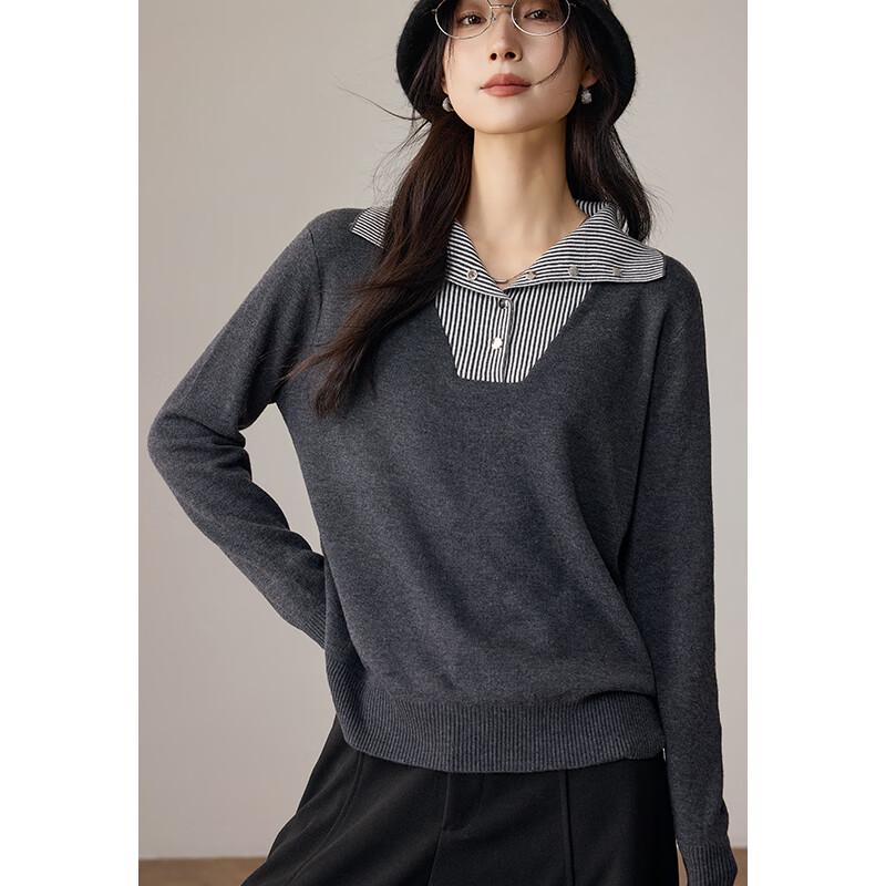 VICTORIA&VERA Women's Striped Faux Two-Piece Knit Shirt