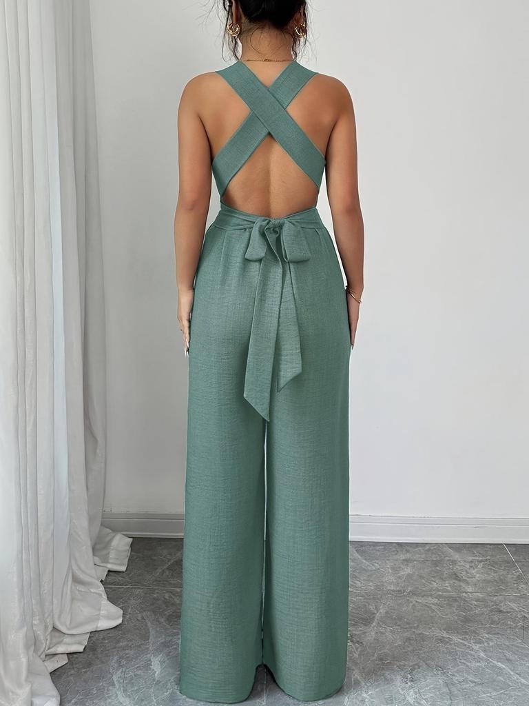 European Women's 2025 V-Neck Backless Cross-Waist Wide-Leg Jumpsuit
