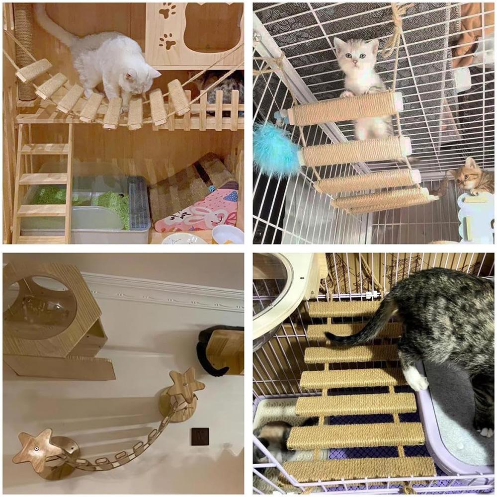 Wooden Cat Wall Bridge with Sisal Scratching Wall Mounted Cat Climbing Ladder Activity Center Cat Wall Furniture Perch for Cats