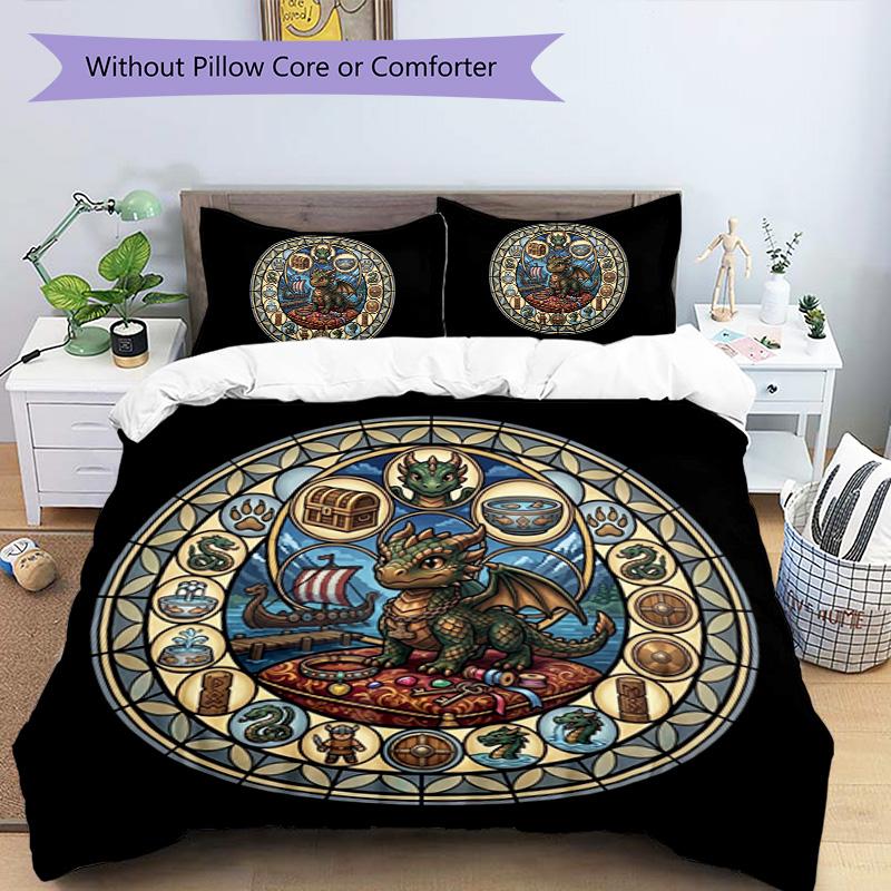 Dragons Treasures Symbols Pattern Bedding,Quilt Set Quilt Cover Pillowcase Home Birthday Gift (1*duvet Cover+2*pillowcase,without Core)