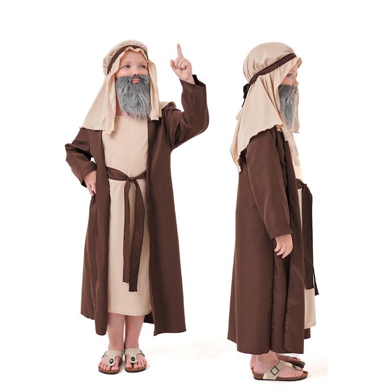 Kids Boys Arab Grandpa Middle Eastern Shepherd Elder Robe Dress Cloak Set Halloween Cosplay Costumes Kindergarten Performance Role Play Outfit
