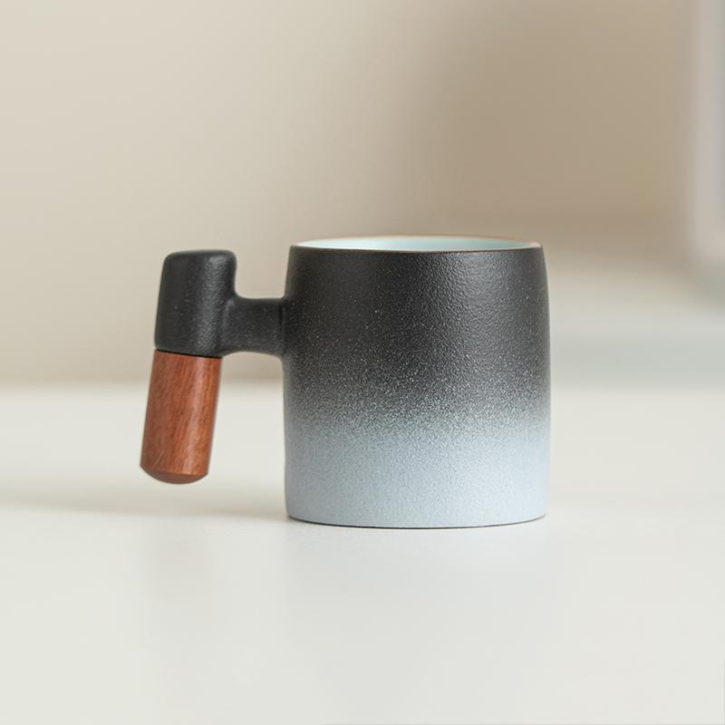 70 small capacity ceramic gradient wood handle latte coffee cup, coarse ceramic Japanese kiln made mug tea cup