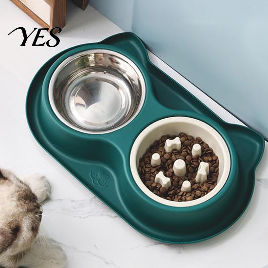 Slow Feeding Dog Bowl Double Bowls Pet Feeder, Feeder And Stainless Steel Bowl, Bone-shaped Spill-Proof Anti-Slip Water Food Set for Indoor Cats Dogs