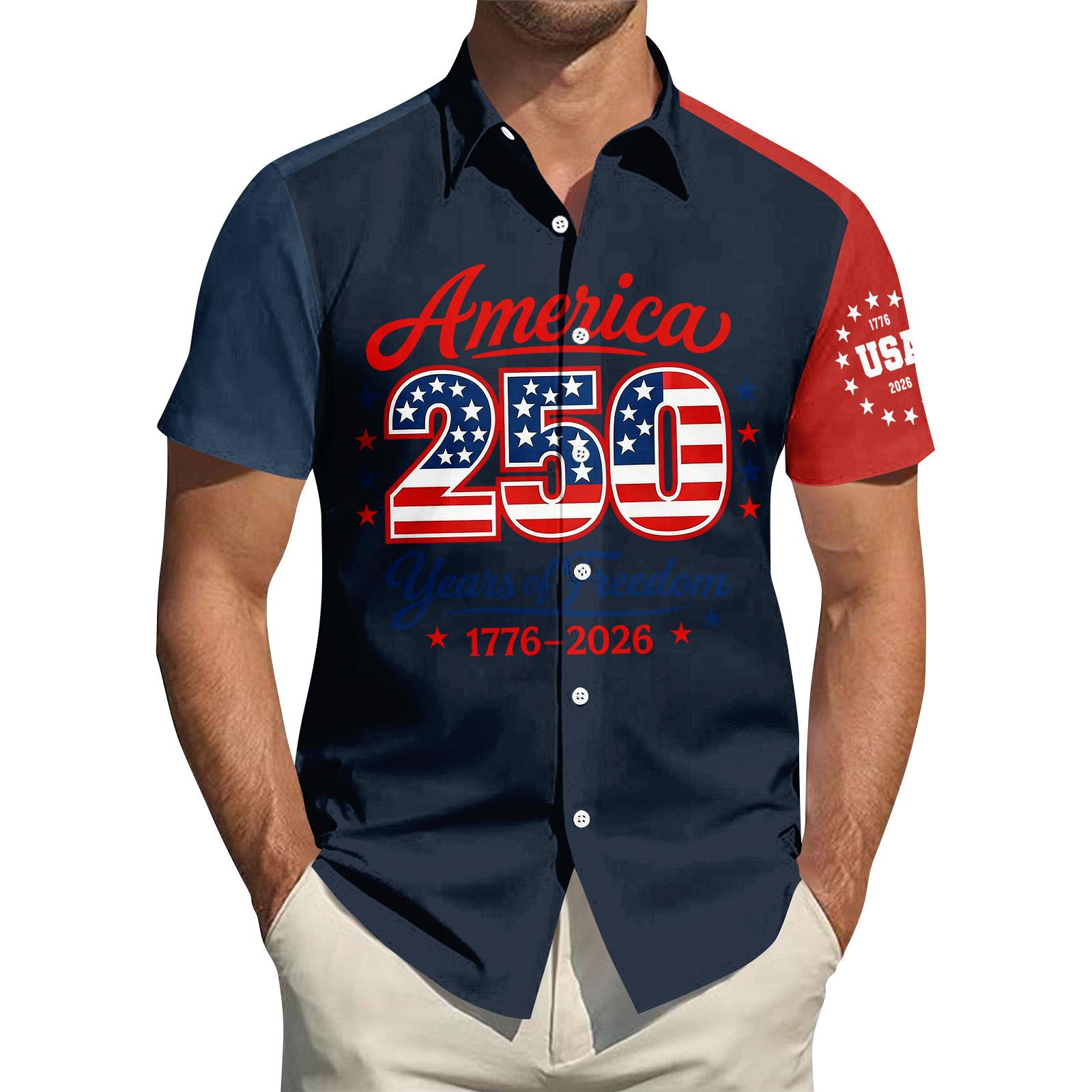 

Men s Short Sleeve Button Down Shirt with 250 Years of Print Classic Fit Collared Top Casual Patriotic Style for Everyday Wear XXL Темно-синій