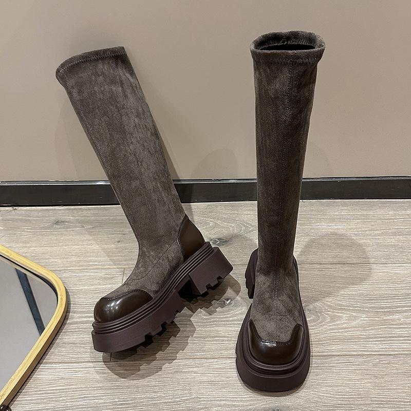 

Boots women s new splicing platform boots in autumn and winter 2025 round head thick heel waterproof table versatile thin boots women 40