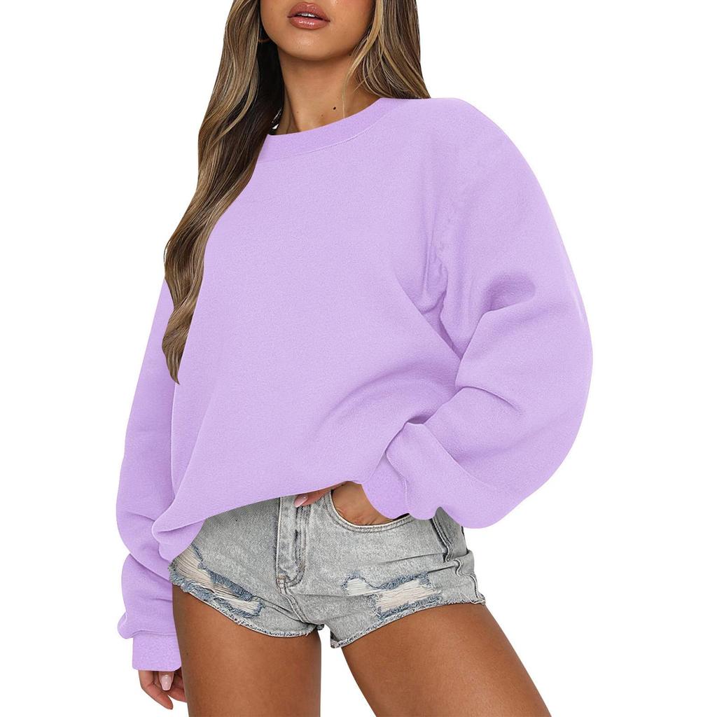Women's Fashion Plus Velvet Solid Color Round Neck Loose Long Sleeve Hoodie for Autumn/Winter