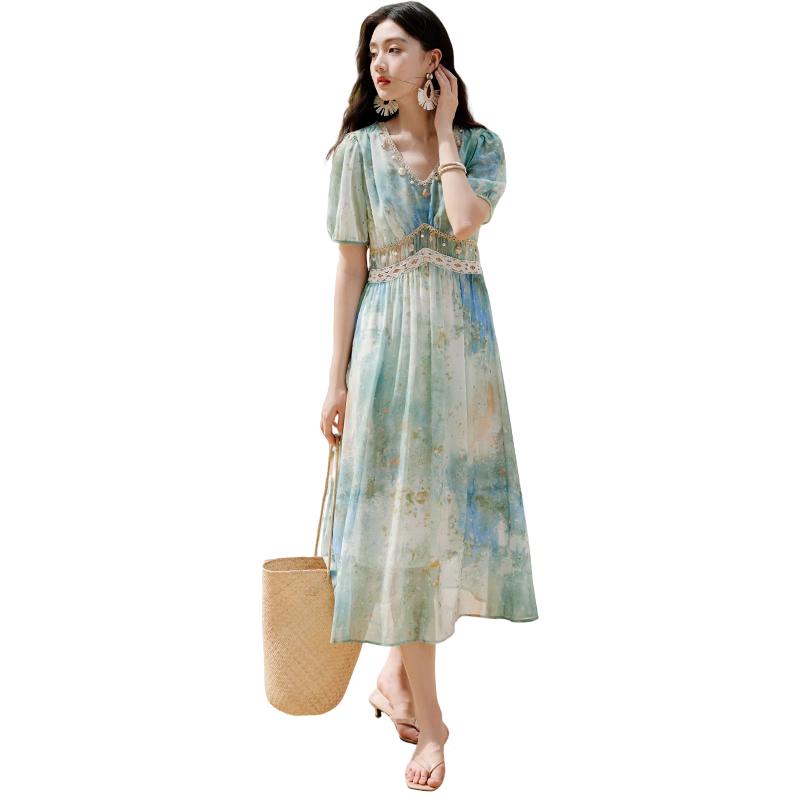 

Xiangying Women s Bohemian V-neck Chiffon Tie-Dye Dress S