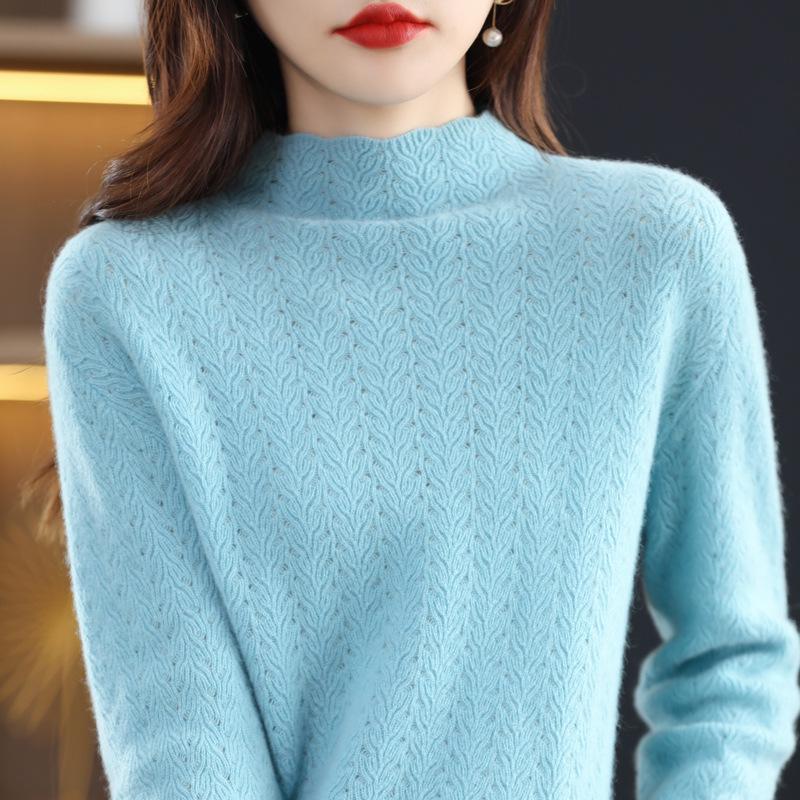 Women's Retro Wool Knit Hollow Out Sweater - Autumn/Winter Long Sleeve Half High Neck Pullover.