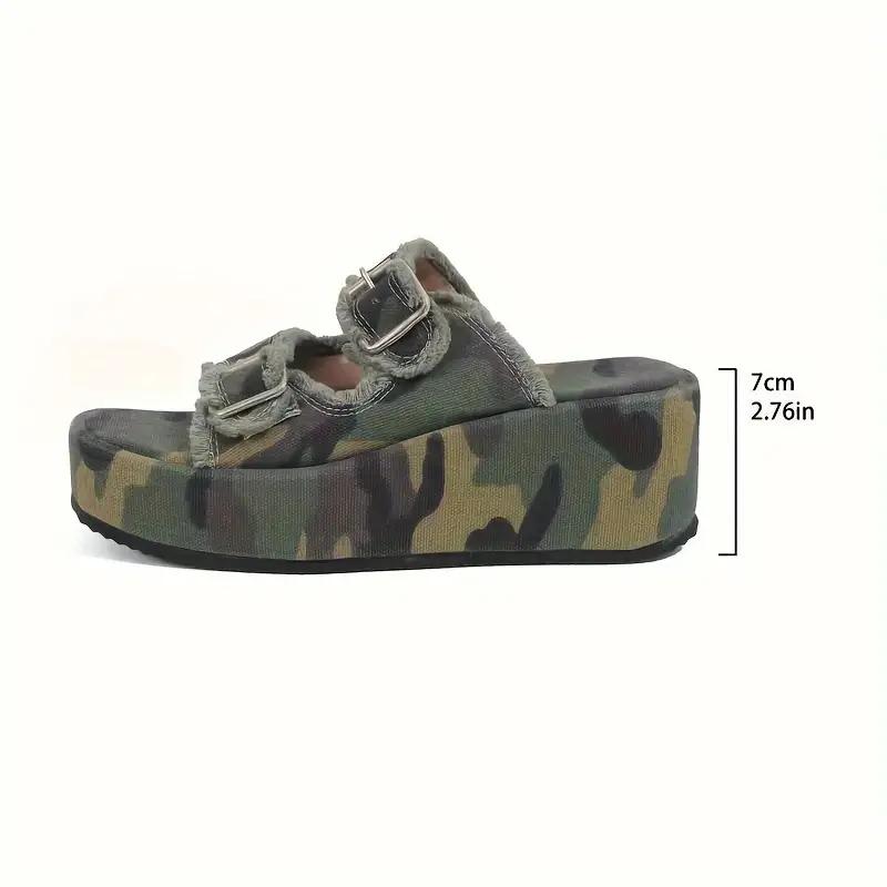 Women's Denim Camouflage Wedge Sandals, Buckle Design Open Toe Summer Shoes, Casual Outdoor Vacation Beach Slide Sandals