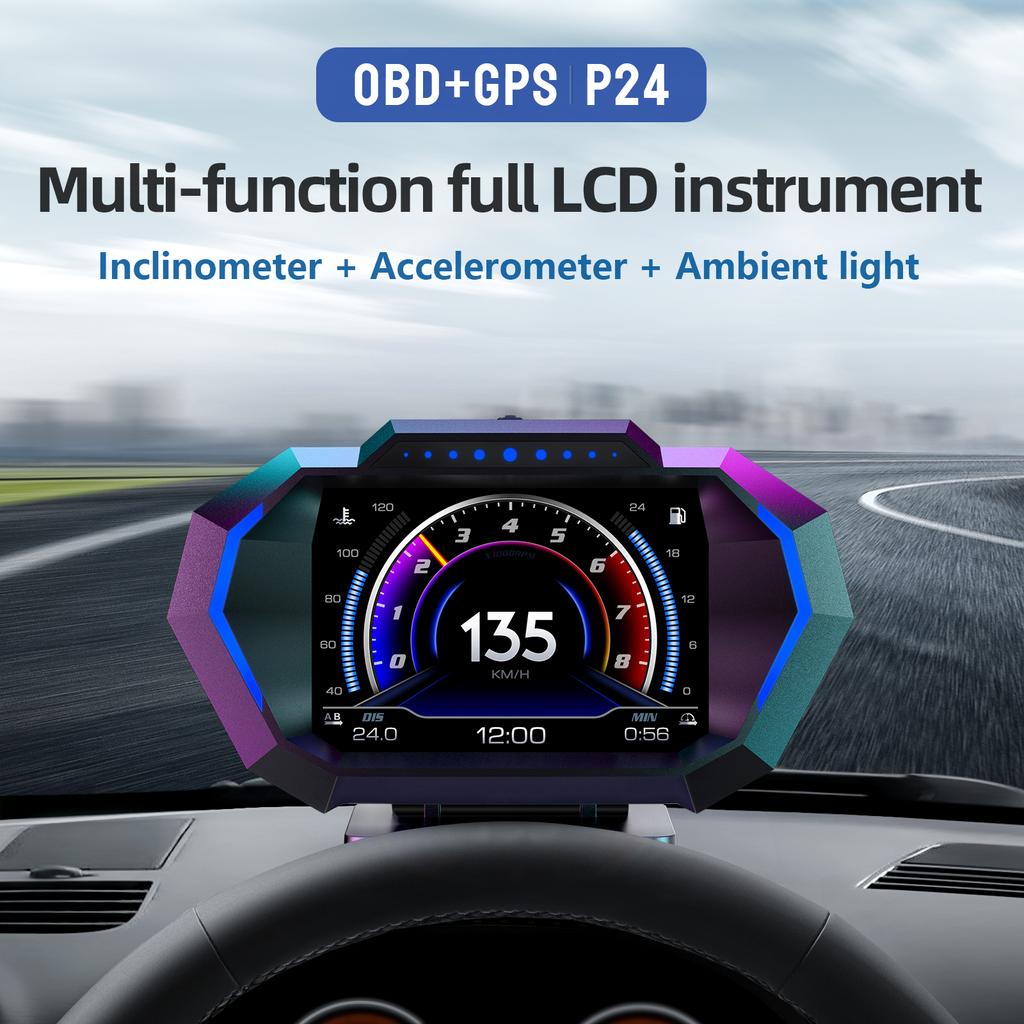 OBD Smart Digital Gauge Speedometer P24 HUD Car Head Up Display OBD+GPS System Inclinometer Fuel Consumption Overspeed Alarm