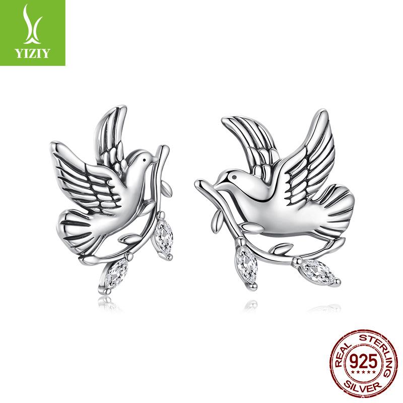 S925 Sterling Silver Peace Dove Stud Earrings, Meaning Peace And Tranquility Hope Creative Stud Earrings
