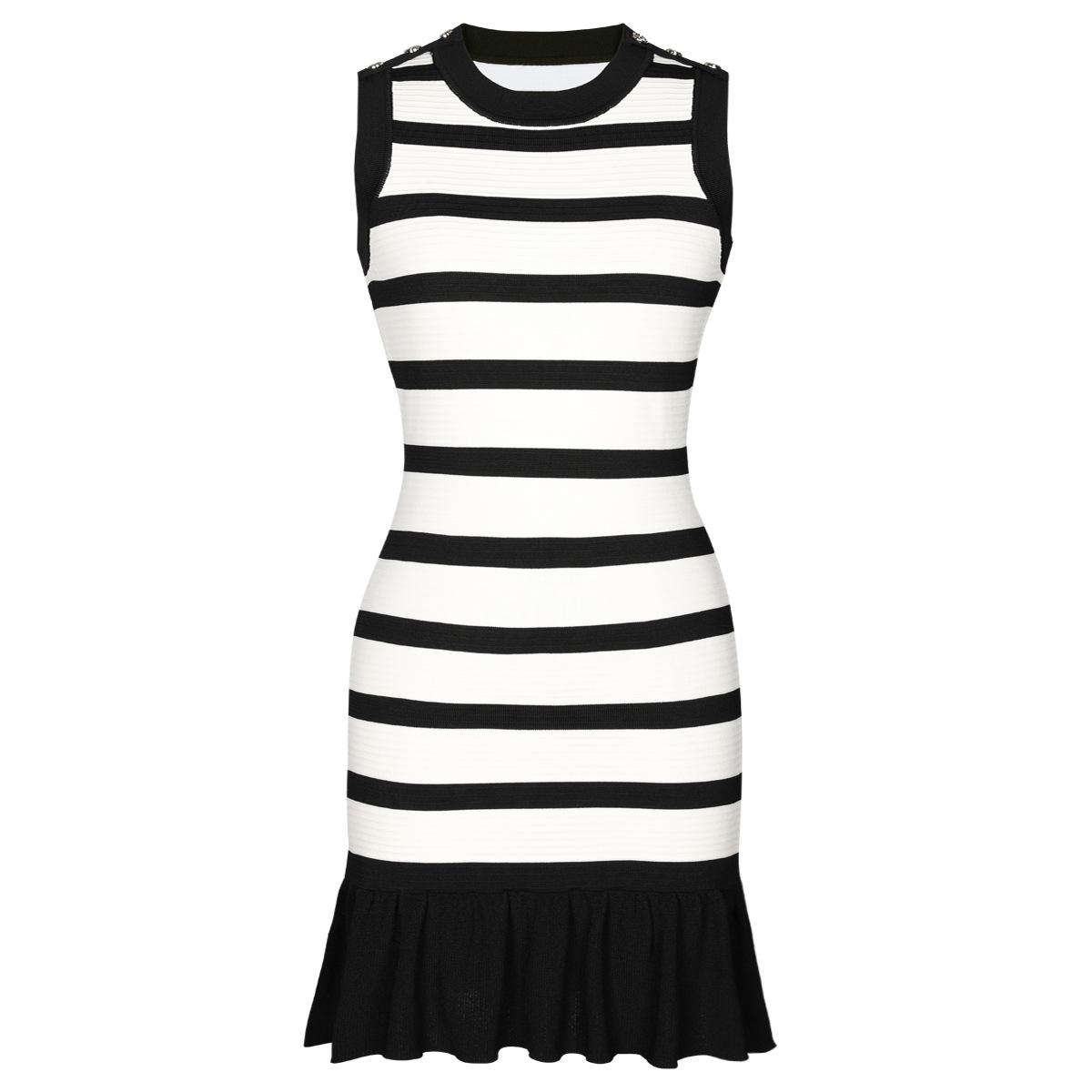High quality summer new Internet celebrity fashion striped ruffle edge knitted slim vest sleeveless dress women S