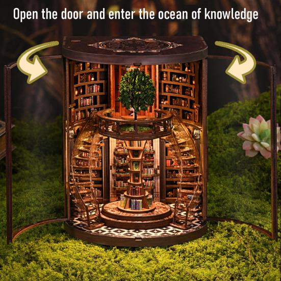 DIY Book House Kit with LED Light Handmade Vintage 3D Wooden Puzzle Bookstore Miniature Dollhouse Bookshelf Decoration Book Lover Gift