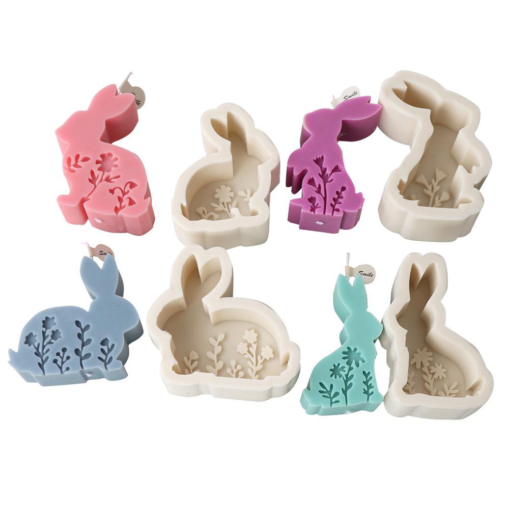 2D Flower Rabbit Candle Silicone Mold Relief Plant Flower Candle Mold Easter Rabbit Cake Chocolate Silicone Mold Soap Molds