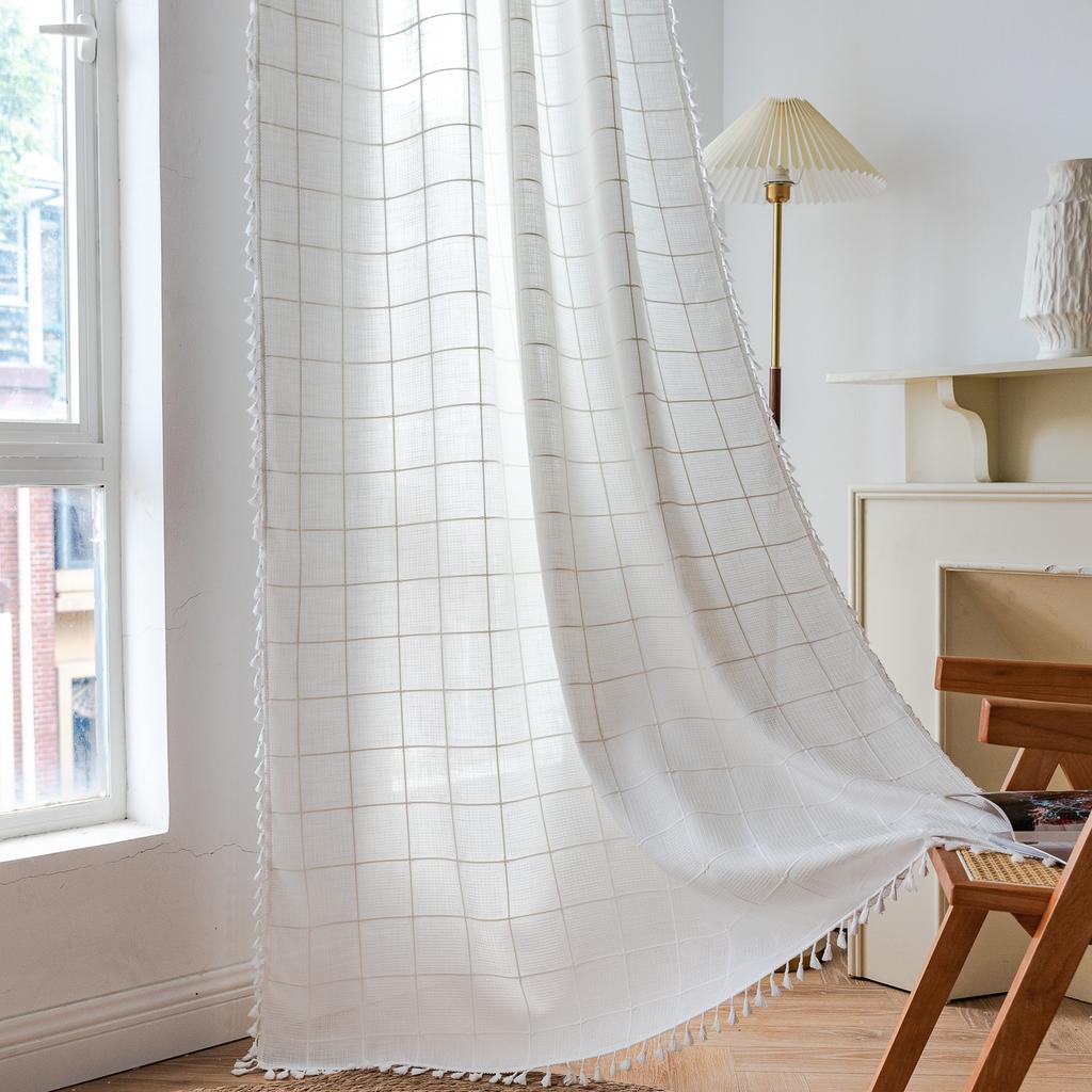 Semi-Transparent Curtains Living Room Japanese White Square Grid Bedroom Kitchen Living Room Soundproof Bay Window Curtain