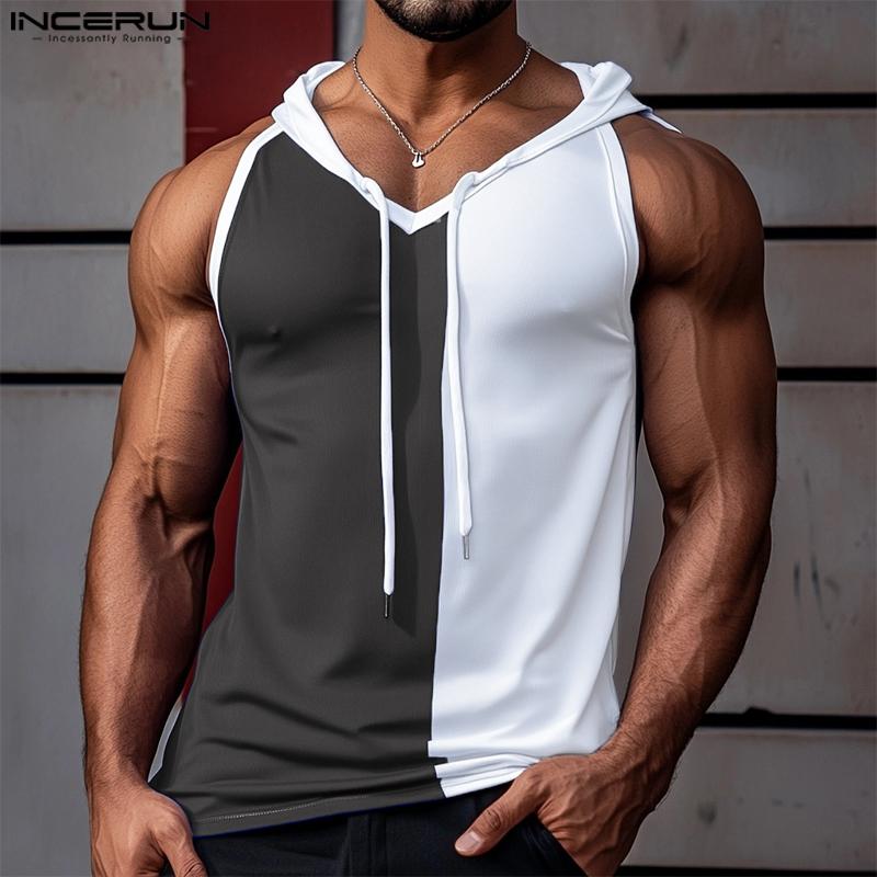 INCERUN Summer Men Sleeveless Stitching Sport Hooded Tank Tops